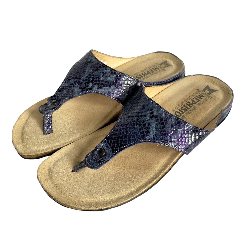 Mephisto leather reptile print toe-thong sandals 7.5